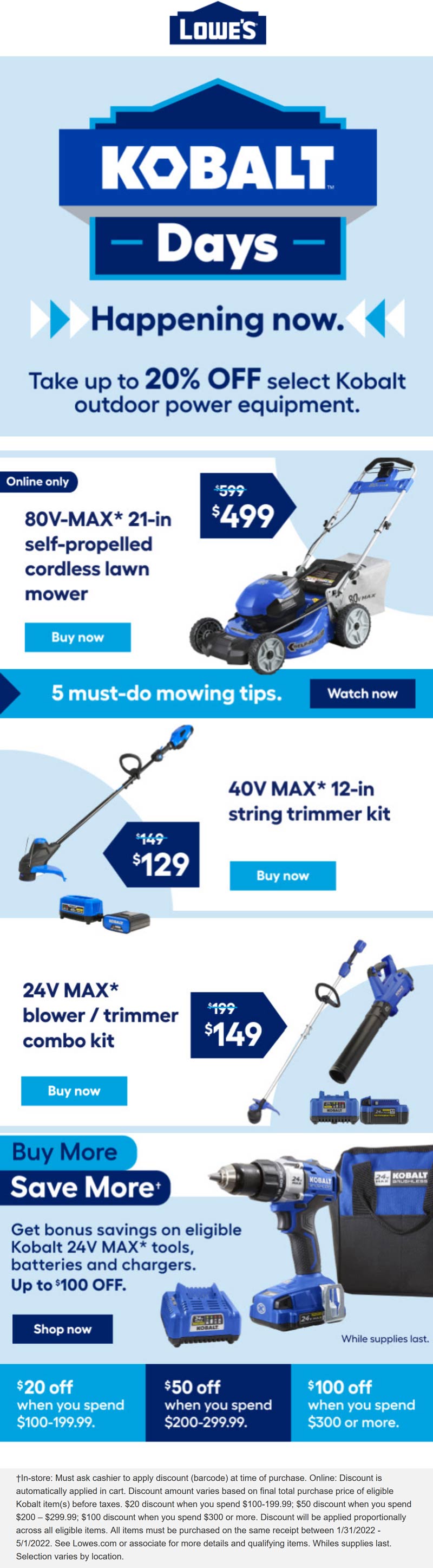 Lowes stores Coupon  $20-$100 off $100+ on Kobalt tools at Lowes #lowes 