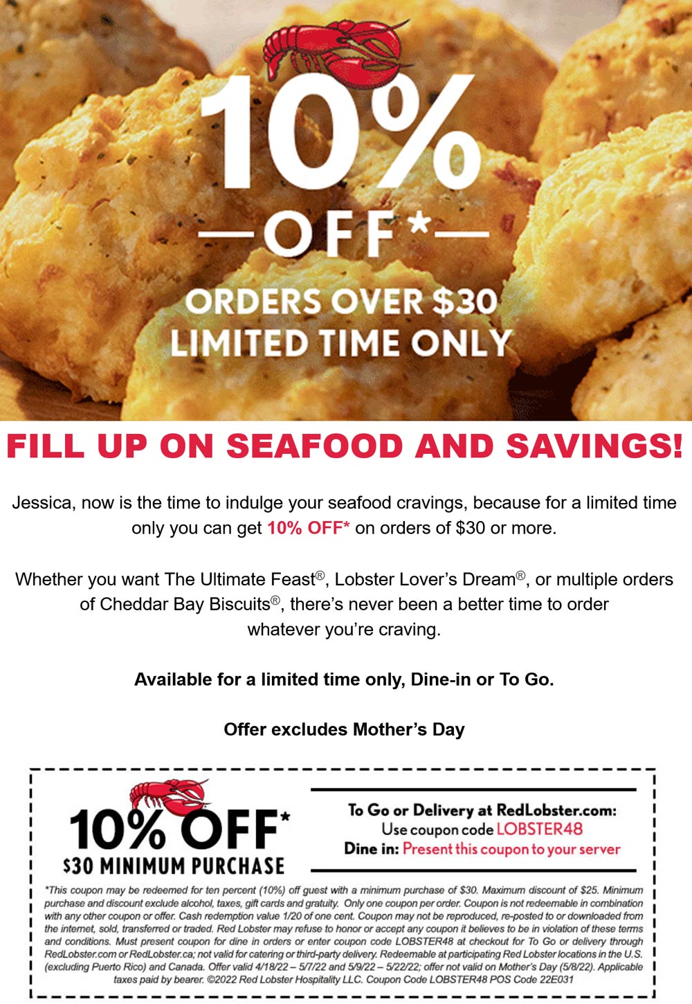 Red Lobster restaurants Coupon  10% off $30 at Red Lobster restaurants, or online via promo code LOBSTER48 #redlobster 