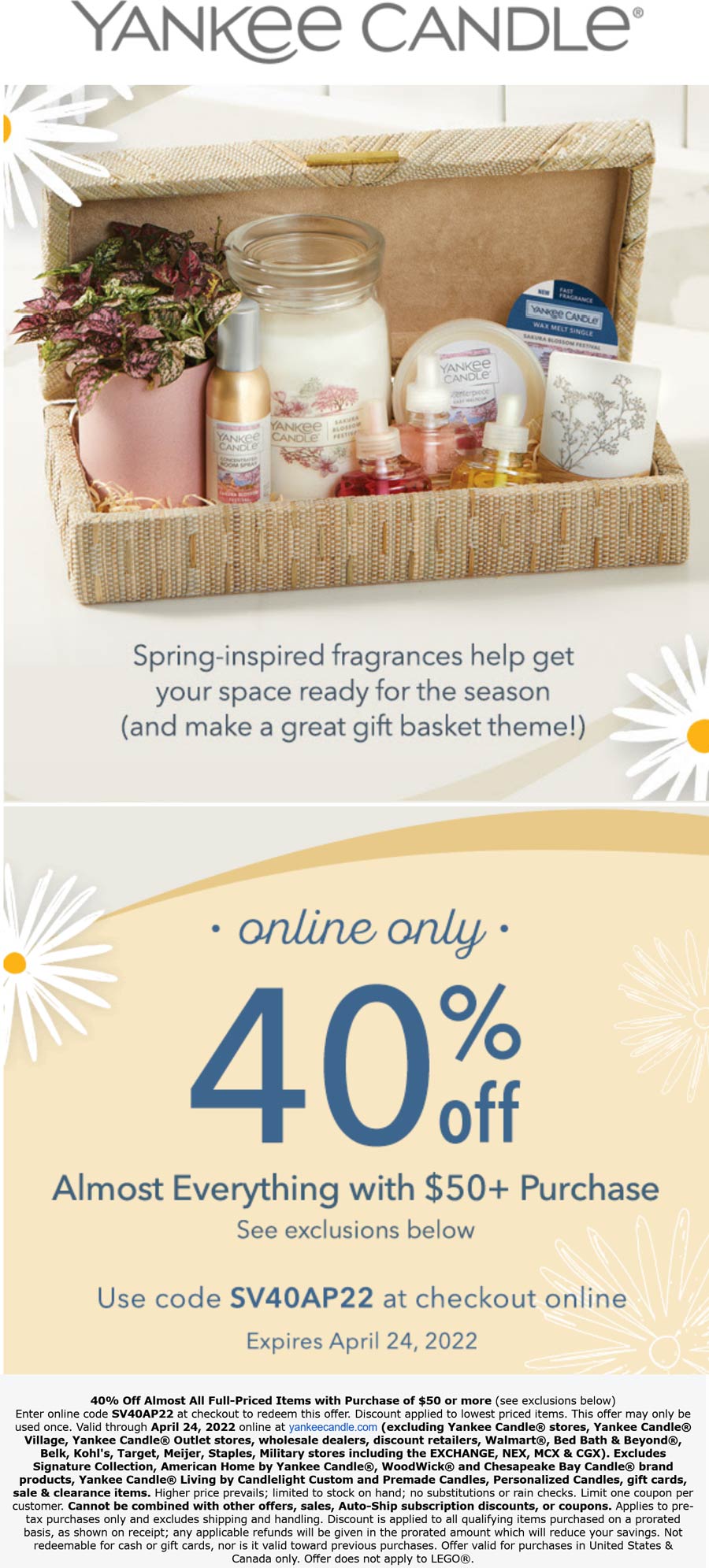 Yankee Candle stores Coupon  40% off $50+ online at Yankee Candle via promo code SV40AP22 #yankeecandle 