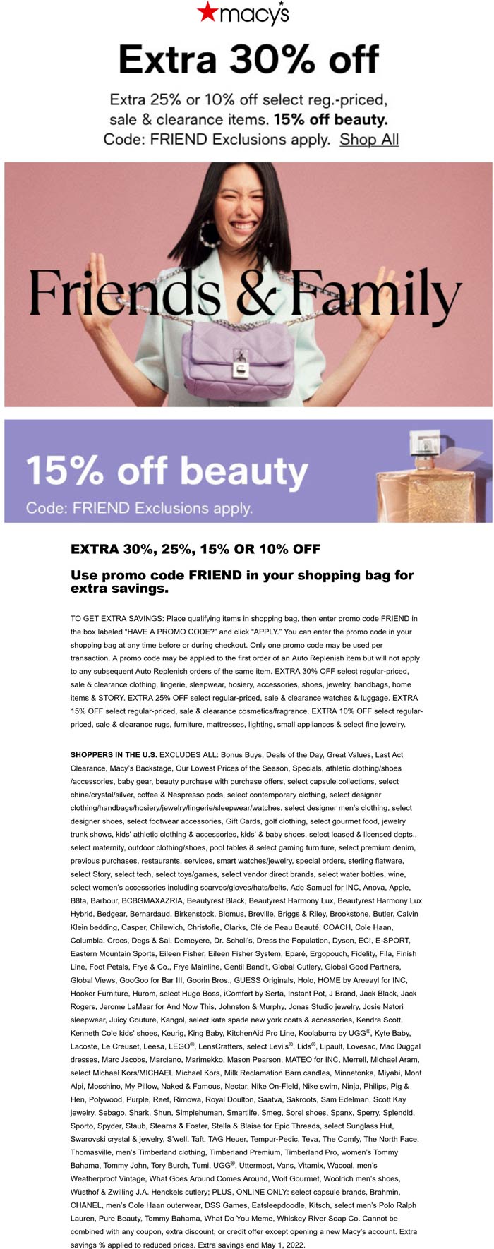 Macys stores Coupon  Extra 15-30% off at Macys via promo code FRIEND #macys 