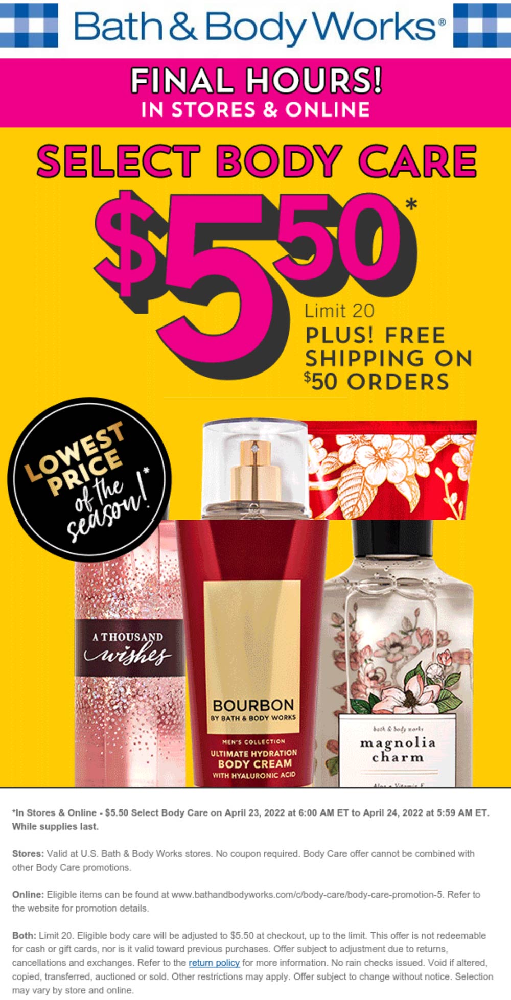 Bath & Body Works stores Coupon  $5.50 body care items today at Bath & Body Works, ditto online #bathbodyworks 