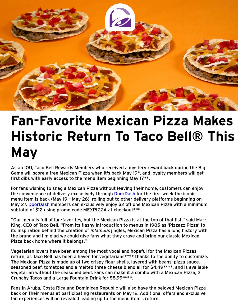 Taco Bell restaurants Coupon  Free mexican pizza the 19th via rewards at Taco Bell, or via $2 off delivery promo code MEXPIZZA #tacobell 