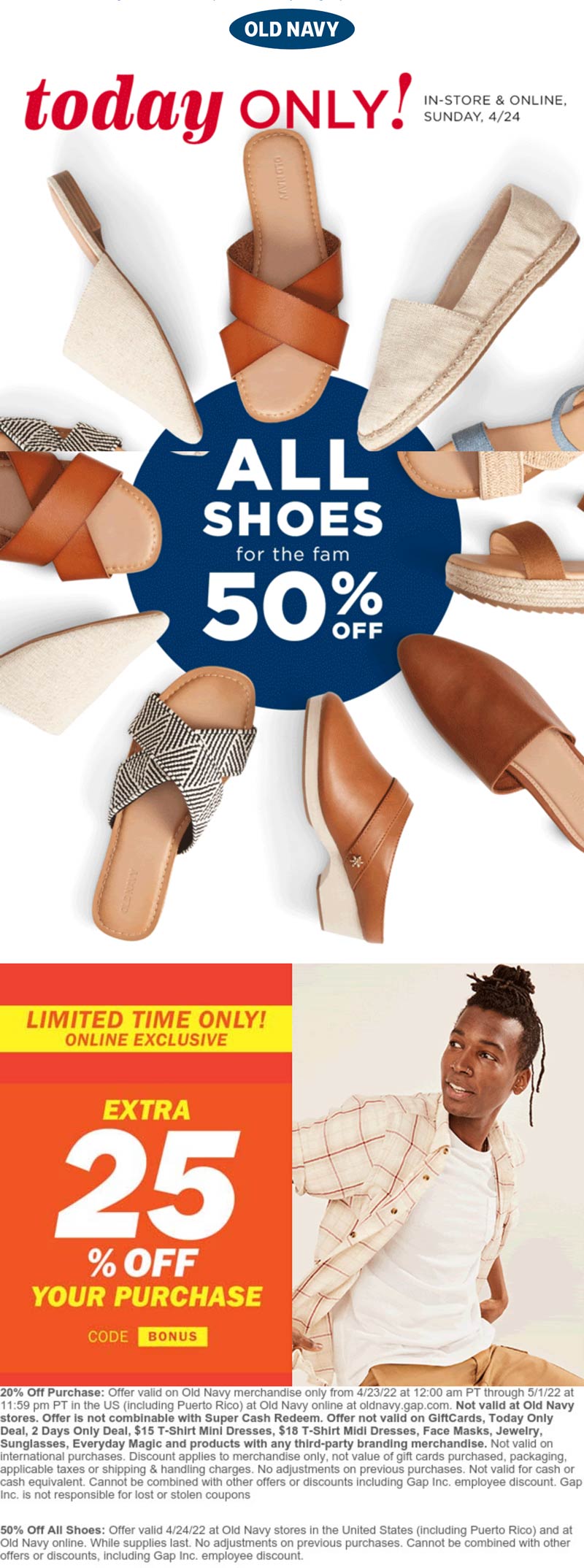 Old Navy stores Coupon  50% off all shoes & more today at Old Navy, ditto online #oldnavy 