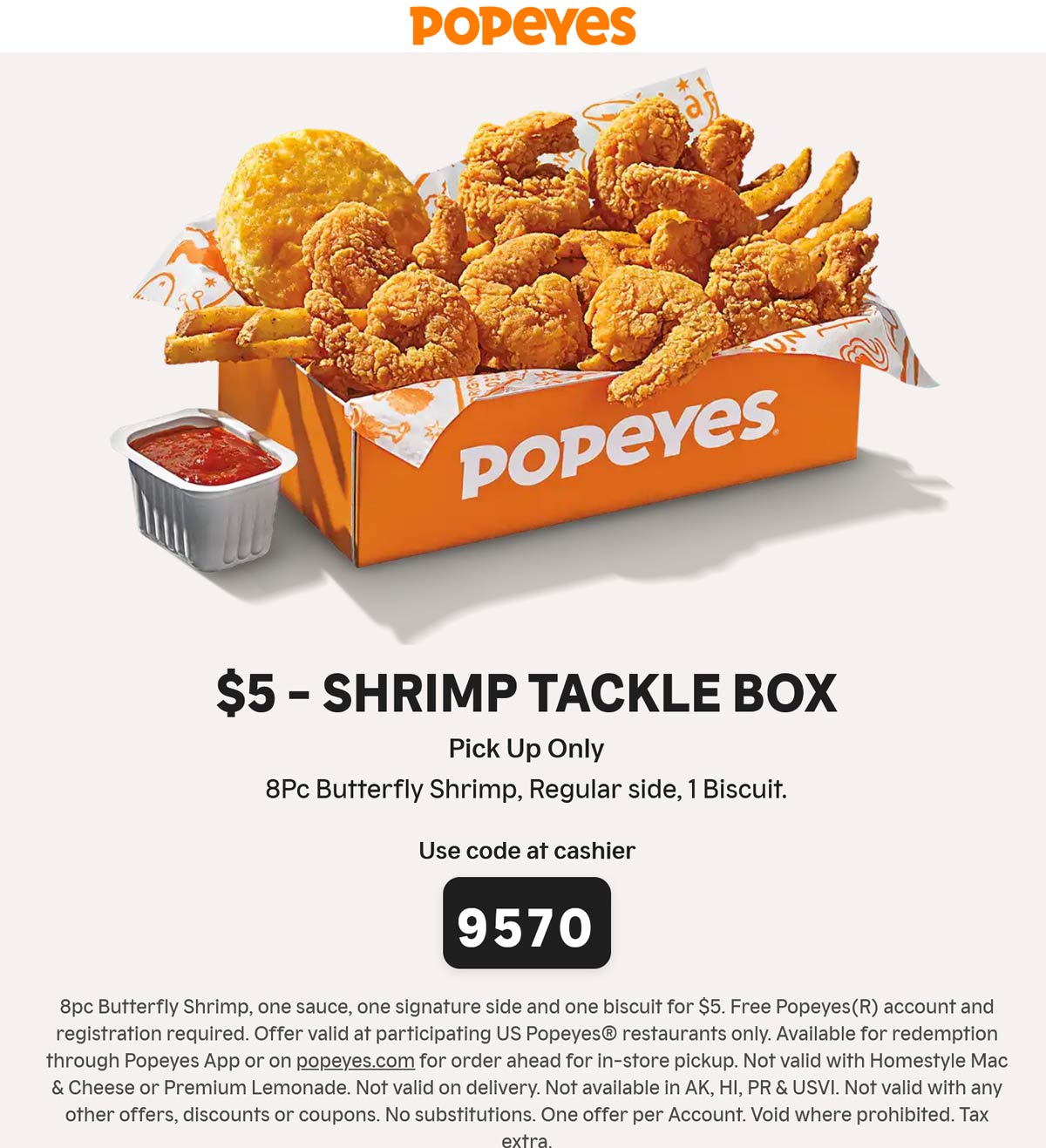 Popeyes restaurants Coupon  8pc shrimp + side + biscuit = $5 at Popeyes restaurants #popeyes 