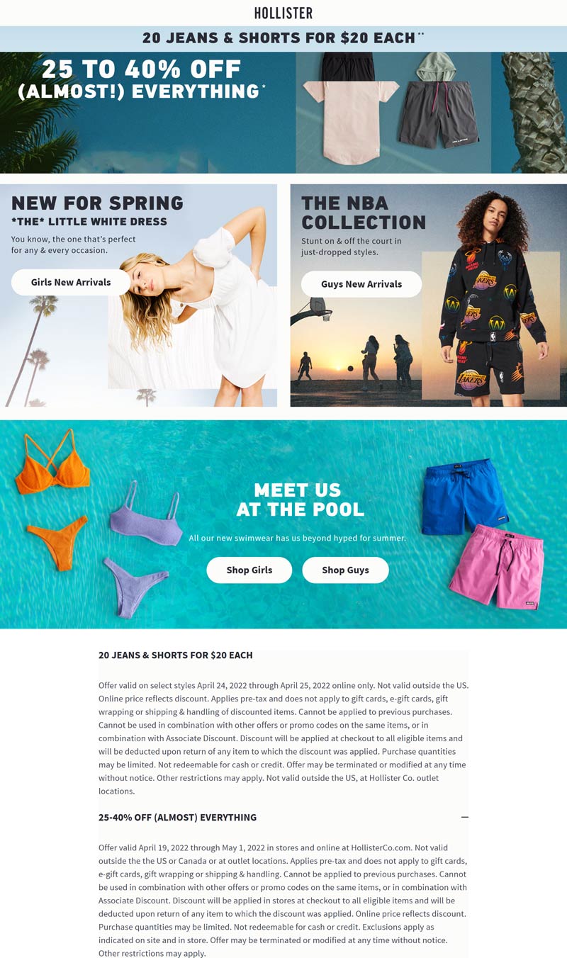 Hollister stores Coupon  25-40% off today at Hollister, ditto online #hollister 