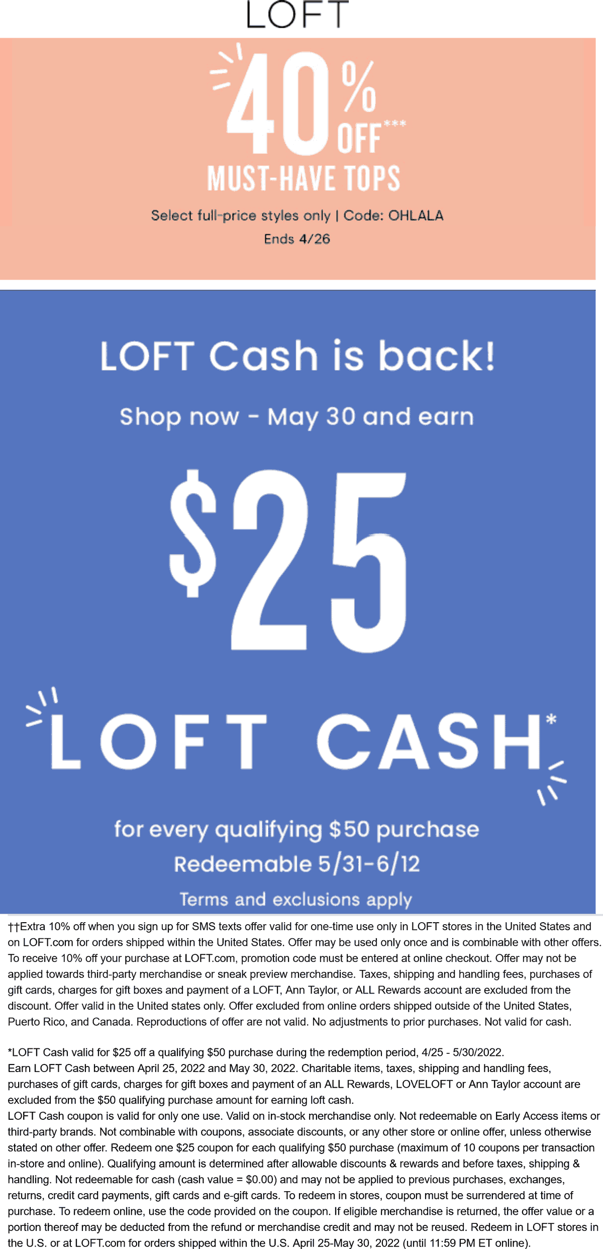 LOFT stores Coupon  40% off tops at LOFT, or online via promo code OHLALA #loft 