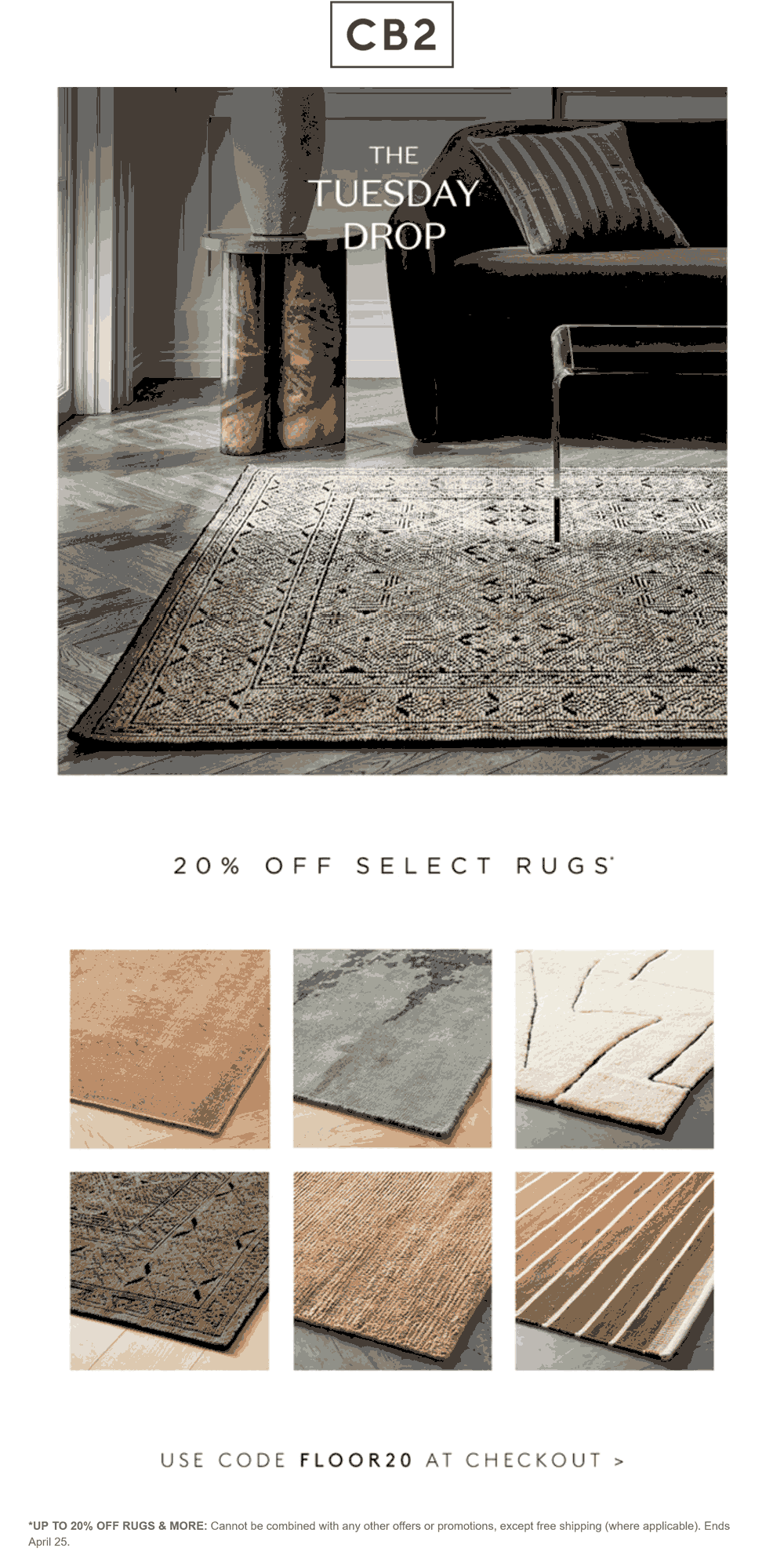 CB2 stores Coupon  20% off rugs today at CB2 via promo code FLOOR20 #cb2 