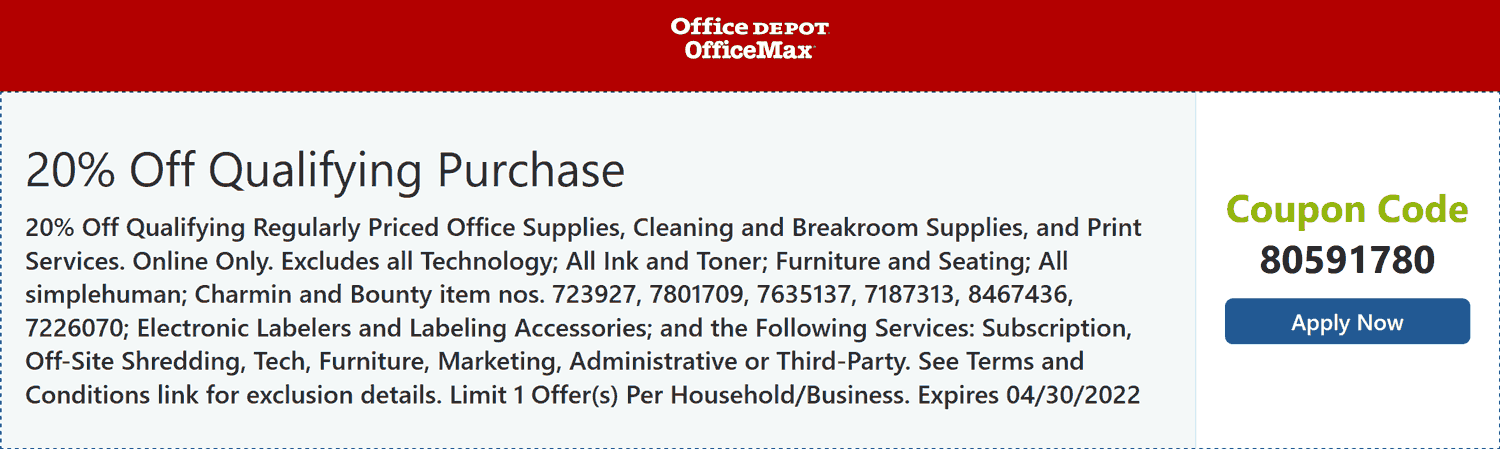 Office Depot stores Coupon  20% off at Office Depot OfficeMax via promo code 80591780 #officedepot 