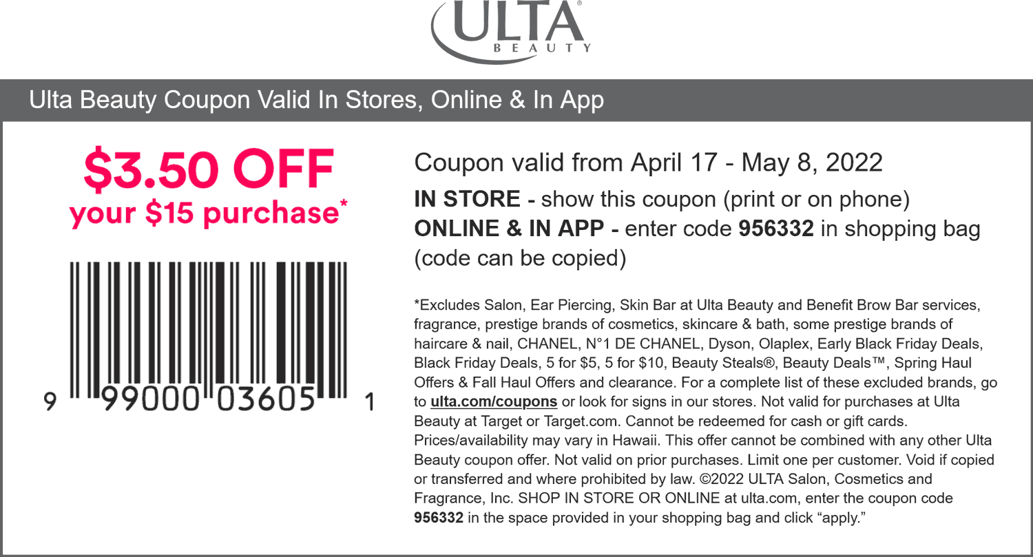 Ulta Beauty stores Coupon  $3.50 off $15 at Ulta Beauty, or online via promo code 956332 #ultabeauty 