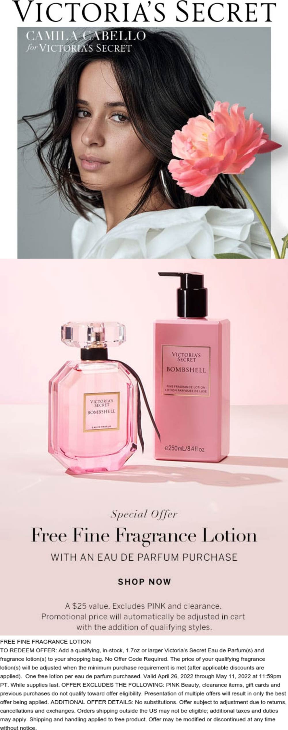 Victorias Secret stores Coupon  Free lotion with your fragrance online at Victorias Secret #victoriassecret 