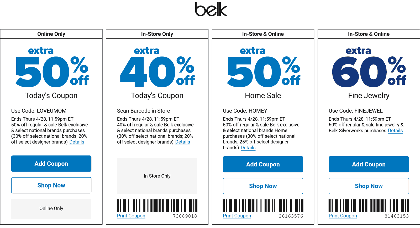 Belk stores Coupon  Extra 40-50% off at Belk, or online via promo code LOVEMOM #belk 