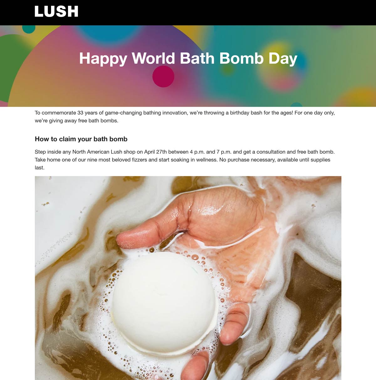 Lush stores Coupon  Free bath bomb in-store today 4-7p at Lush, no purchase necessary #lush 