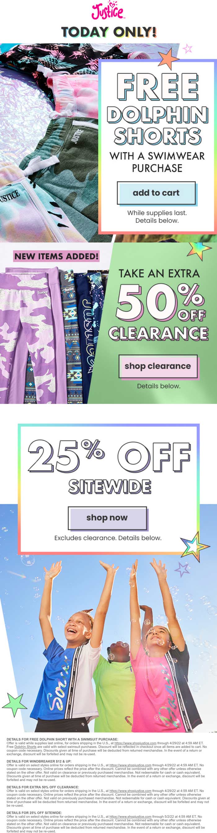 Justice stores Coupon  25% off everything + free dolphin shorts with your swimwear today at Justice #justice 
