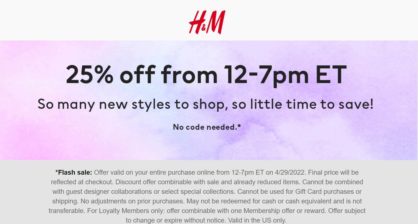 H&M stores Coupon  25% off til 7p online today at H&M #hm 
