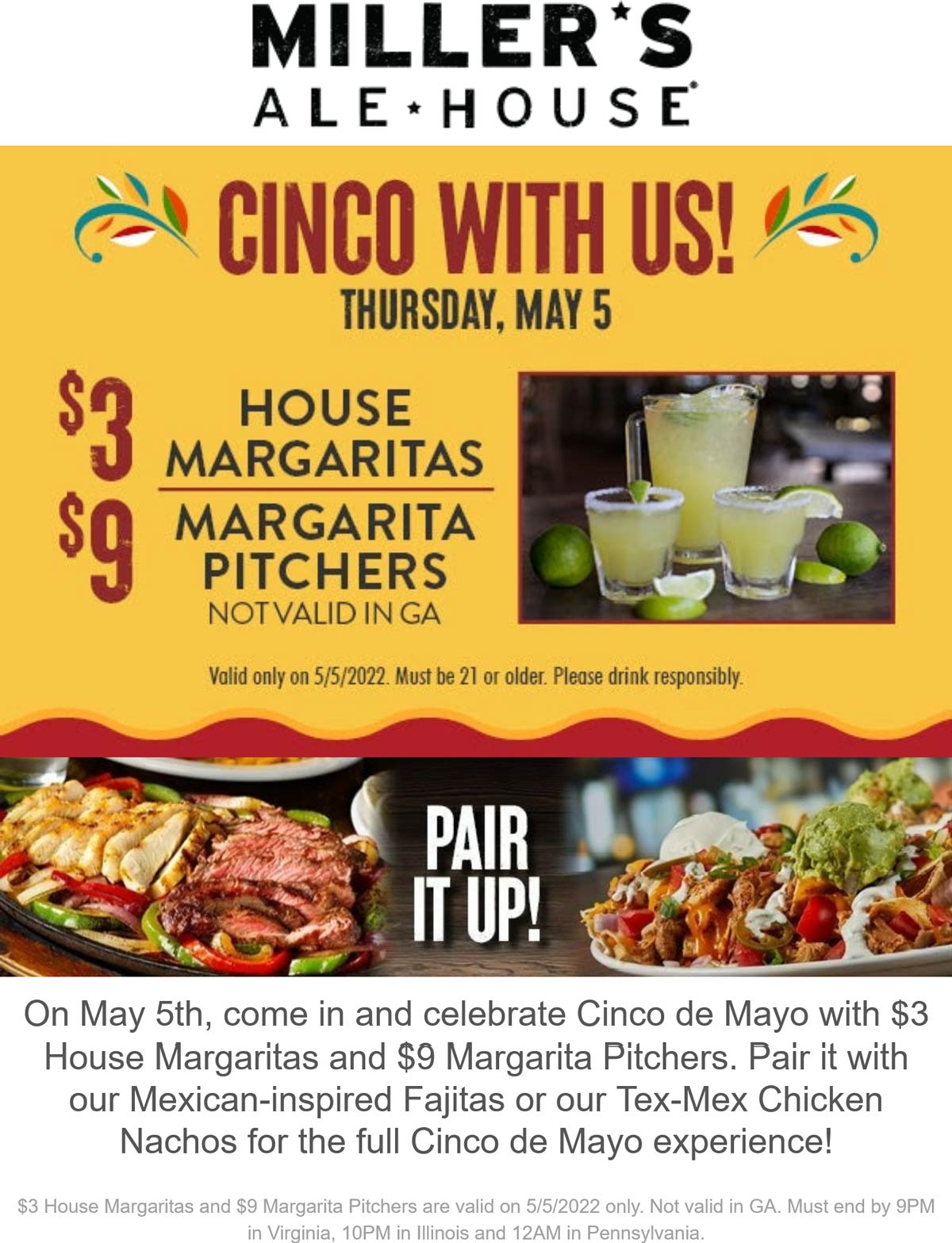 Millers Ale House restaurants Coupon  $3 margaritas Thursday at Millers Ale House restaurants #millersalehouse 