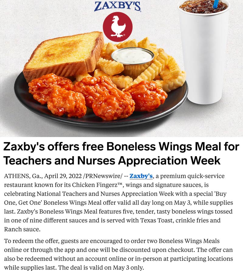 Zaxbys restaurants Coupon  Second boneless chicken wings meal free Tuesday at Zaxbys, ditto online #zaxbys 