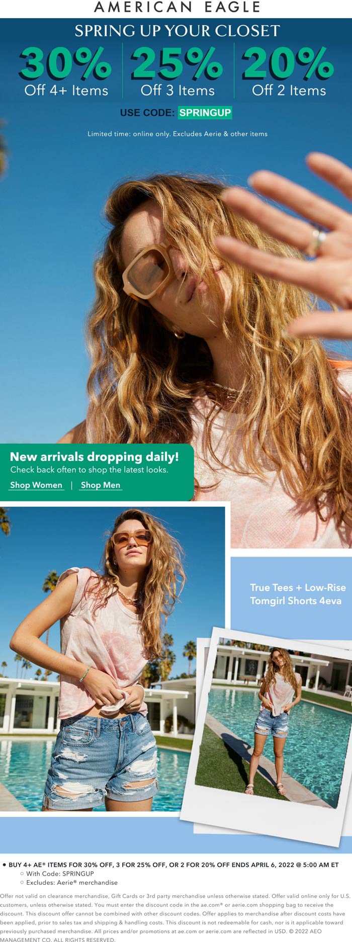 American Eagle stores Coupon  20-30% off 2+ items at American Eagle via promo code SPRINGUP #americaneagle 
