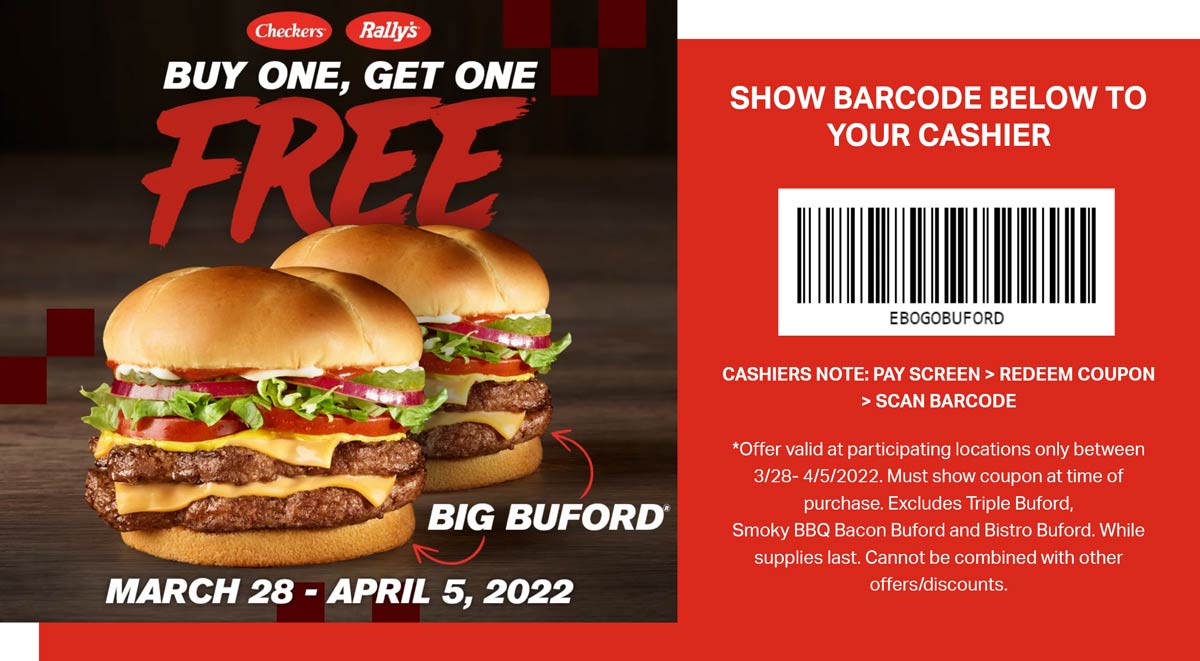 Checkers restaurants Coupon  Second Big Buford double cheeseburger free at Checkers & Rallys #checkers 