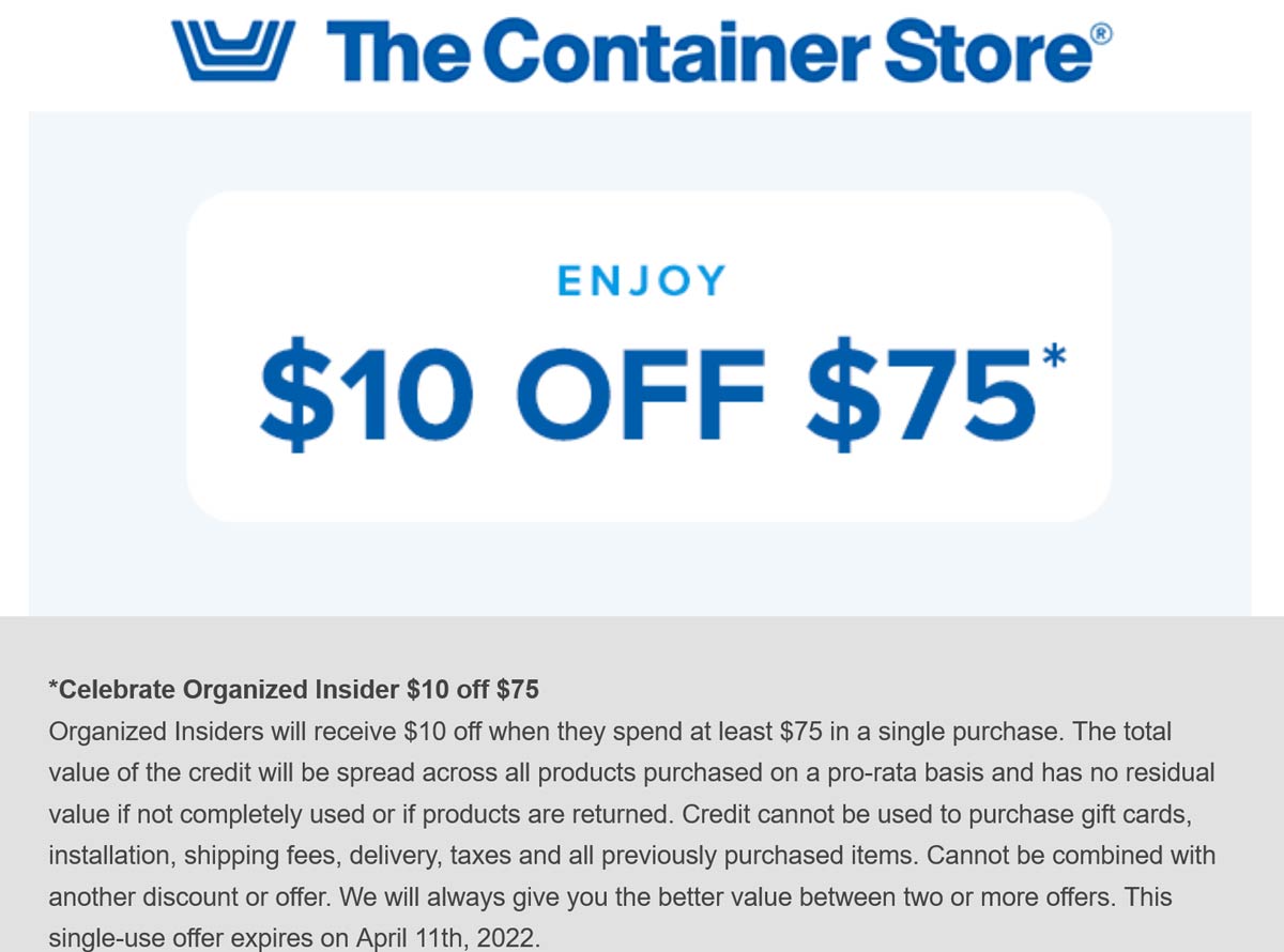 The Container Store stores Coupon  $10 off $75 logged in at The Container Store #thecontainerstore 