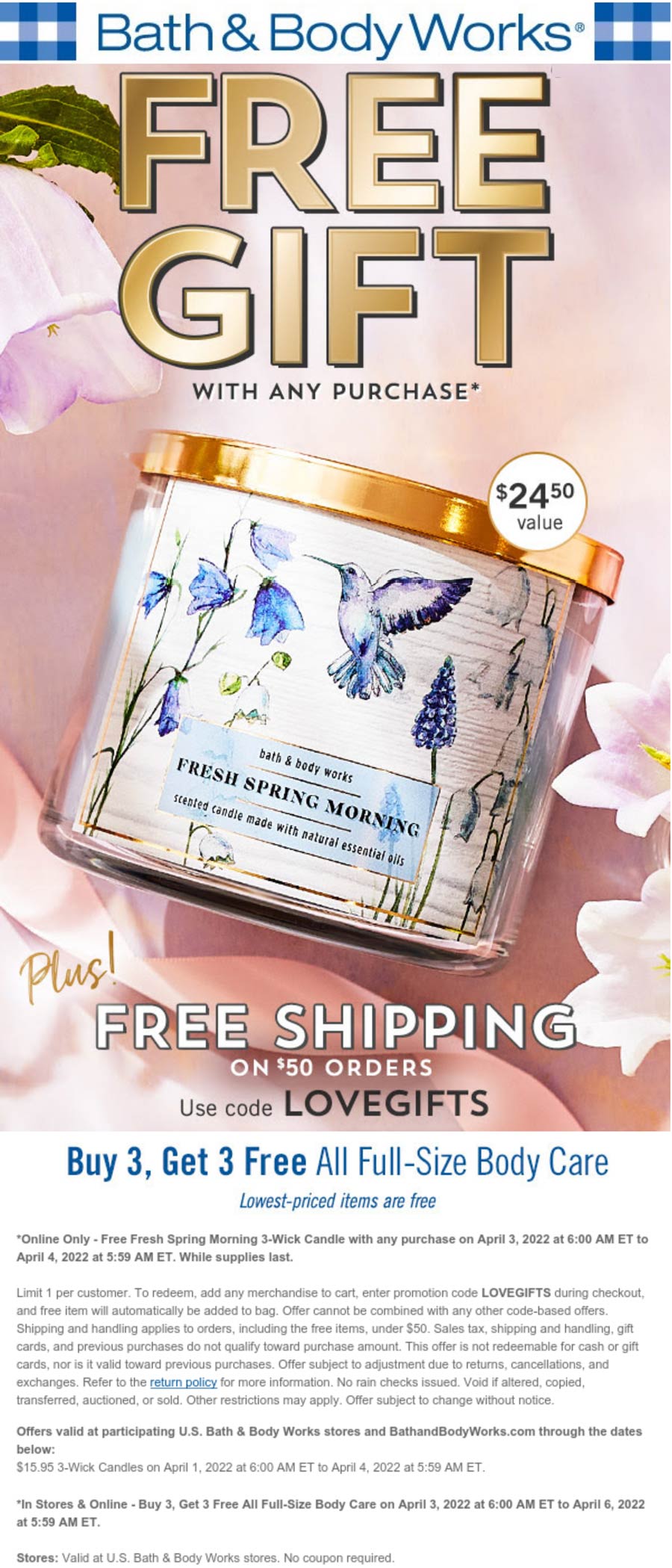Bath & Body Works stores Coupon  6-for-3 on body care + free 3-wick candle today at Bath & Body Works via promo code LOVEGIFTS #bathbodyworks 