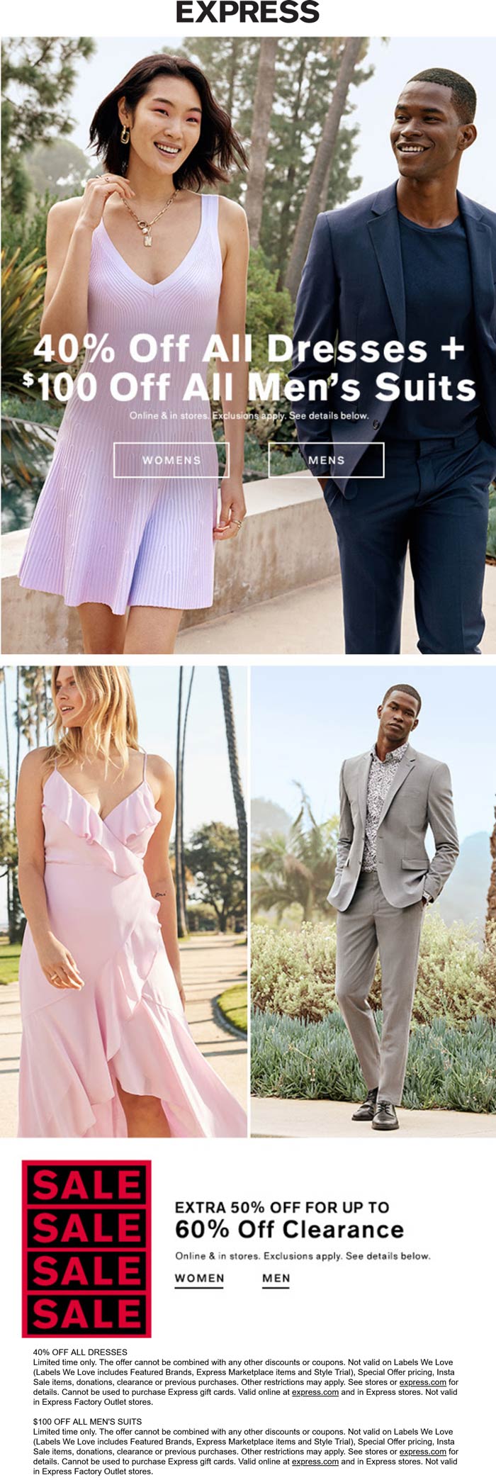 Express stores Coupon  40% off all dresses & $100 off mens suits today at Express #express 