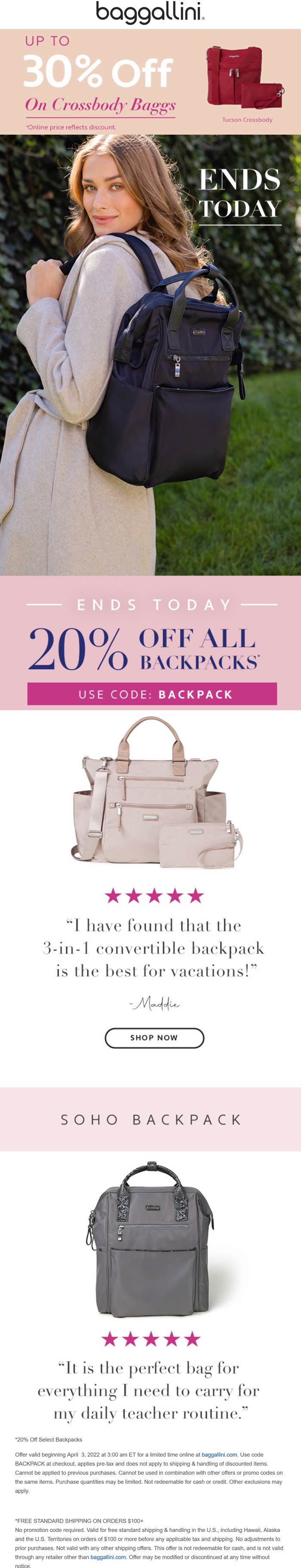 Baggallini stores Coupon  20% off backpacks today at Baggallini via promo code BACKPACK #baggallini 