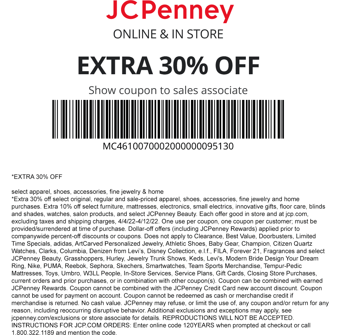 JCPenney stores Coupon  Extra 30% off at JCPenney, or online via promo code 120YEARS #jcpenney 