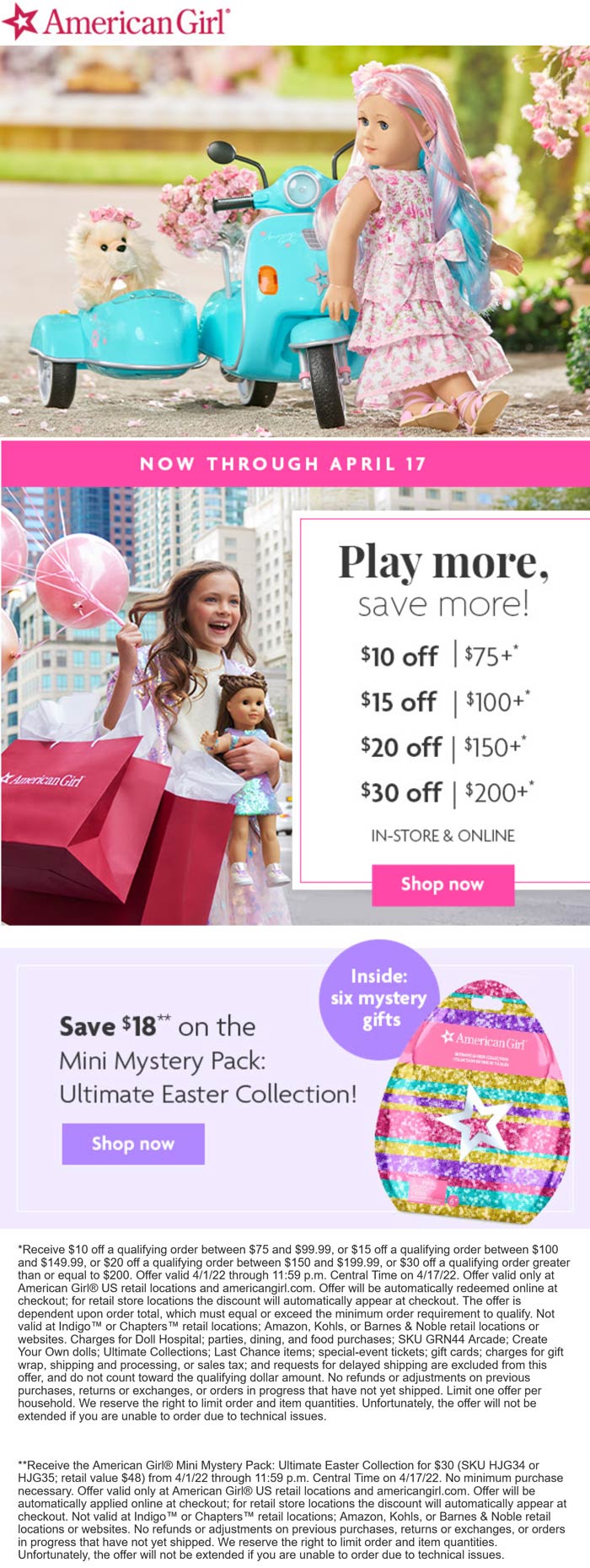 American Girl stores Coupon  $10-$30 off $75+ at American Girl doll, ditto online #americangirl 