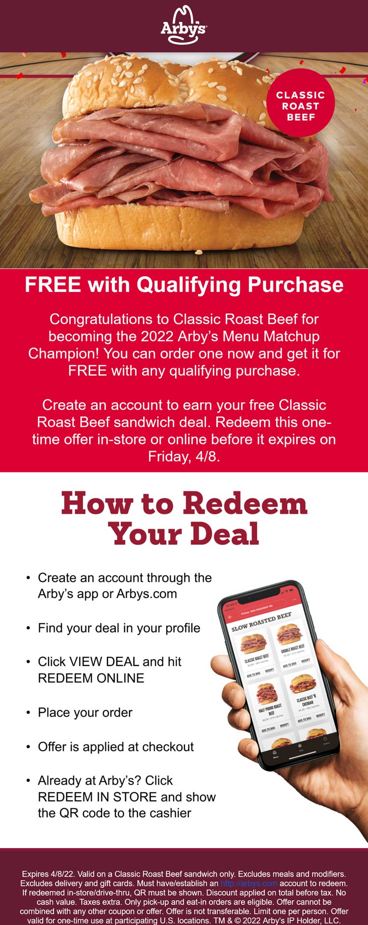 Arbys restaurants Coupon  Free beef sandwich with your order logged in at Arbys #arbys 
