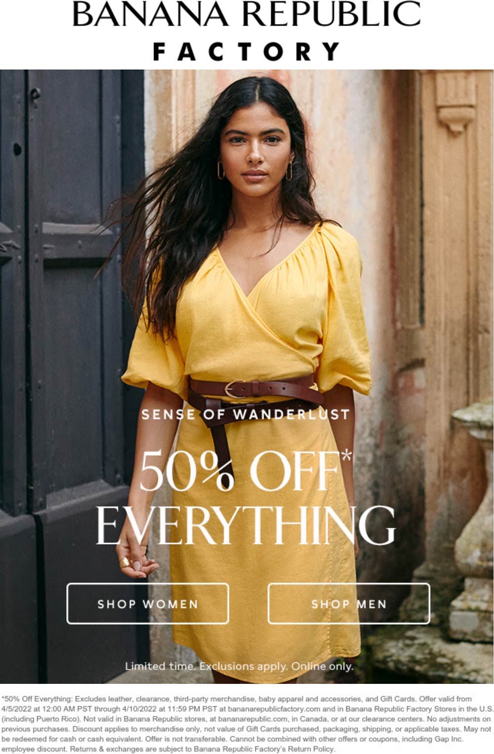 Banana Republic Factory 50% off everything at Banana Republic Factory, ditto online #bananarepublicfactory Banana Republic Factory stores Coupon 50% off everything at Banana Republic Factory, ditto online #bananarepublicfactory