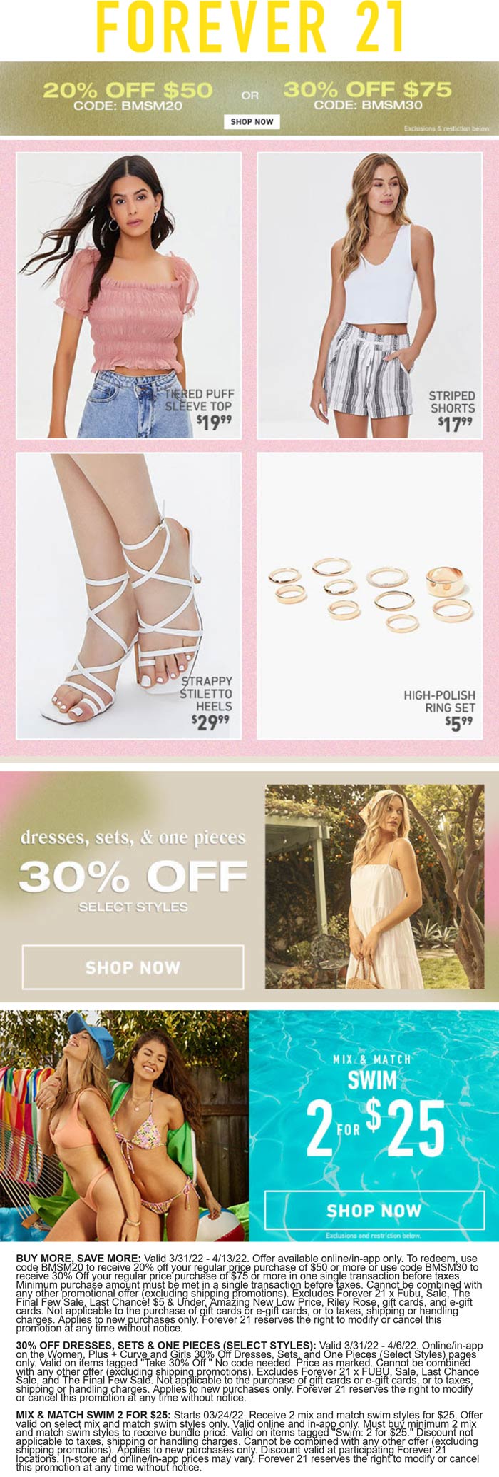 Forever 21 stores Coupon  20% off $50 & more online at Forever 21 via promo code BMSM20 #forever21 