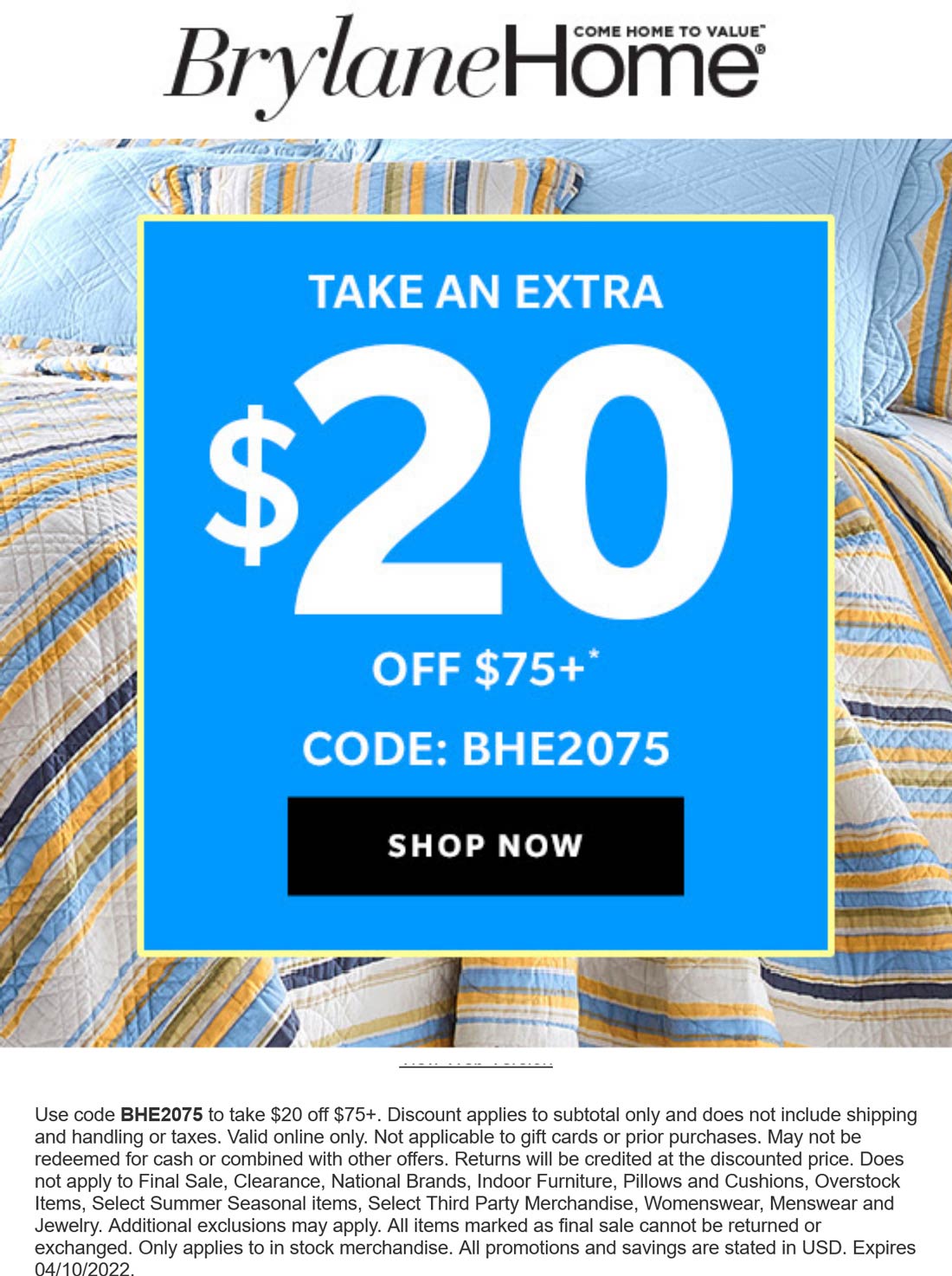 BrylaneHome stores Coupon  $20 off $75 at BrylaneHome via promo code BHE2075 #brylanehome 