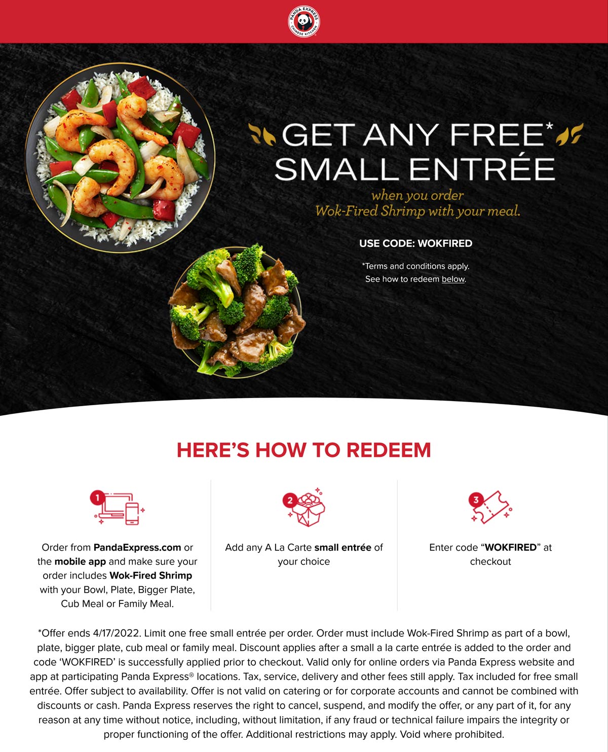 Panda Express restaurants Coupon  Free entree with your wok-fired shrimp at Panda Express via promo code WOKFIRED #pandaexpress 