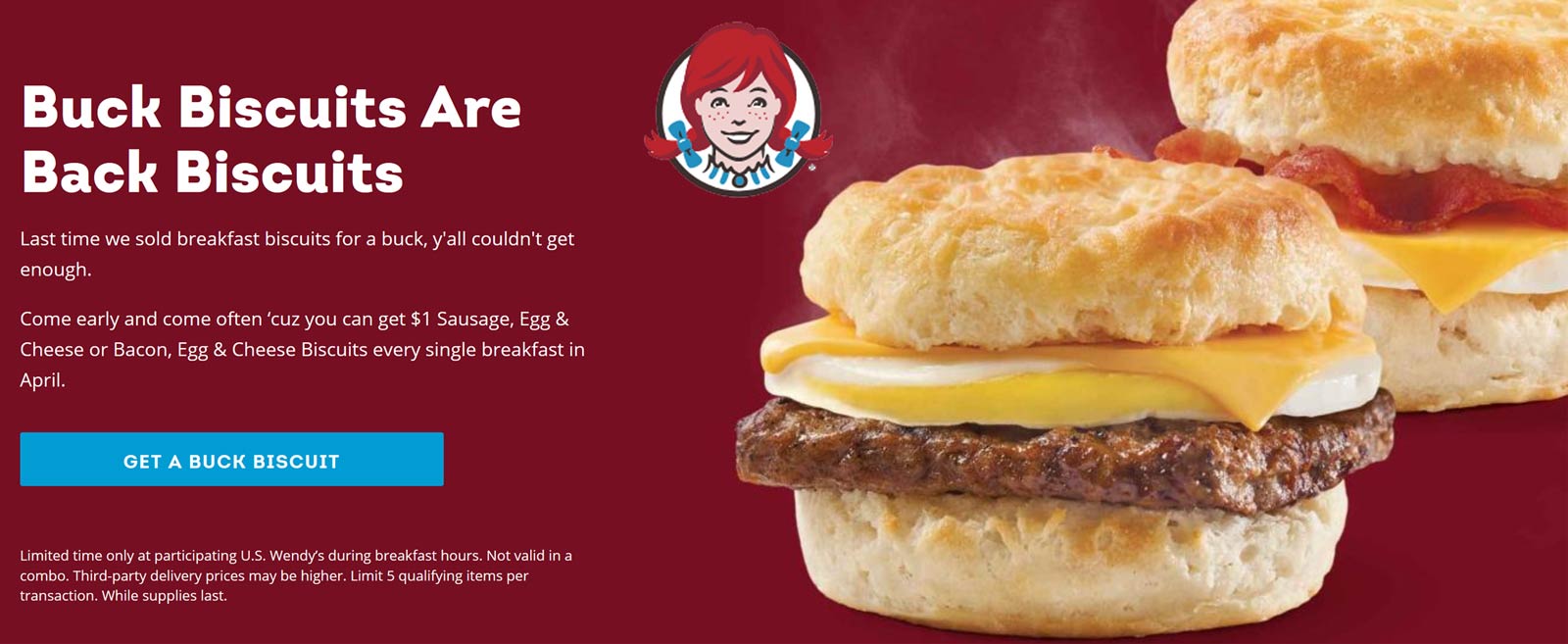 Wendys restaurants Coupon  $1 sausage or bacon egg cheese breakfast biscuits all month at Wendys #wendys 