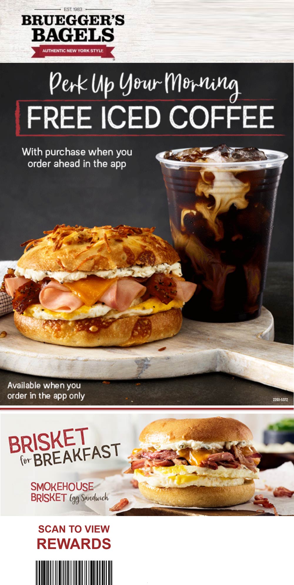 Brueggers Bagels restaurants Coupon  Free iced coffee with mobile orders at Brueggers Bagels #brueggersbagels 