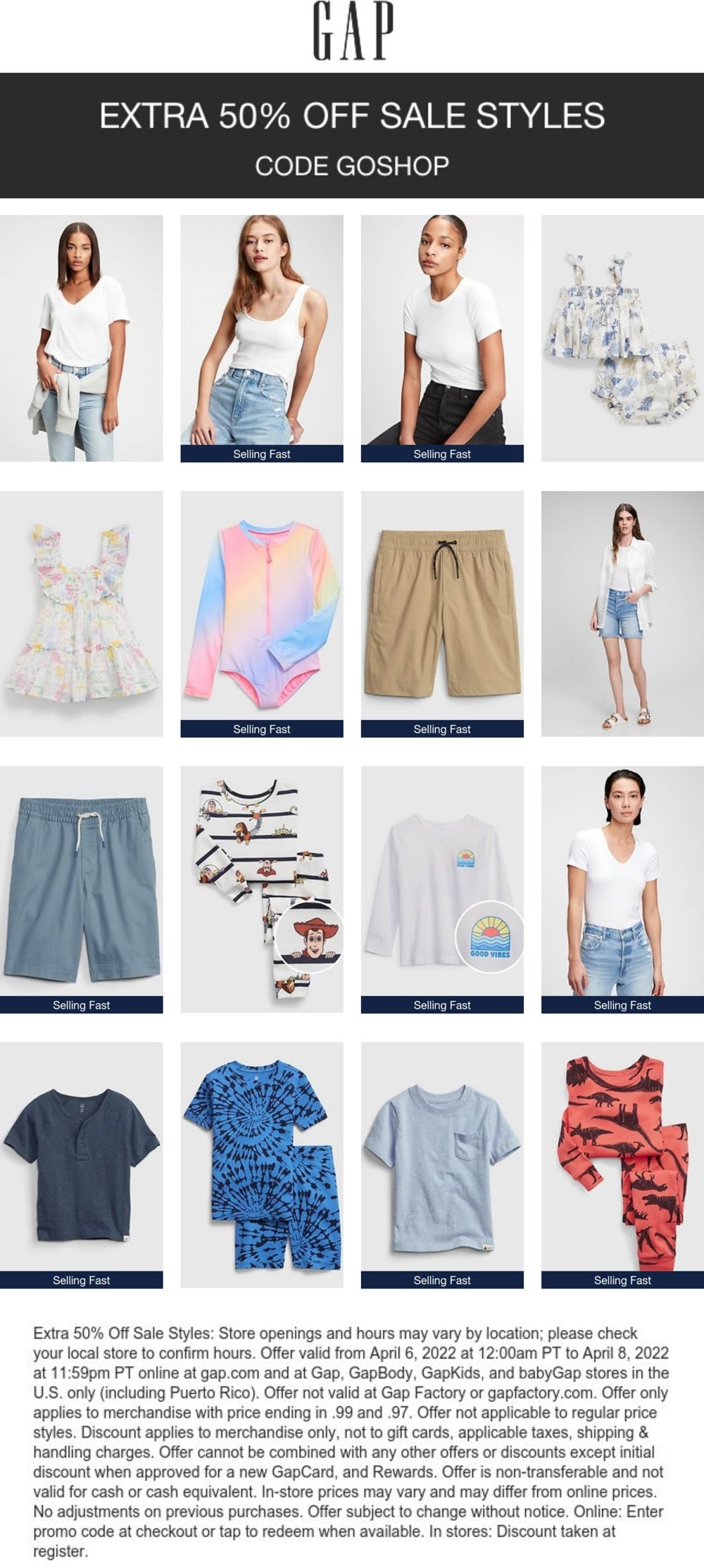 Gap stores Coupon  Extra 50% off sale styles at Gap, or online via promo code GOSHOP #gap 