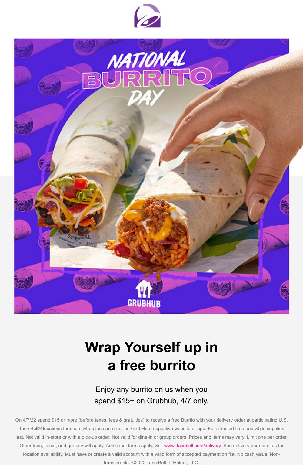 Taco Bell restaurants Coupon  Free burrito on $15 delivery today at Taco Bell #tacobell 