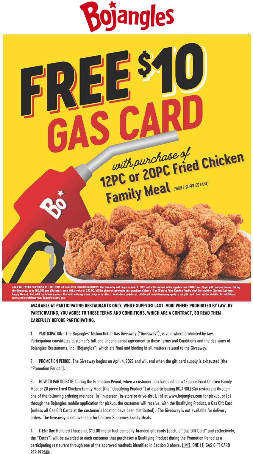Bojangles restaurants Coupon  Free $10 gas card with your chicken family meal while they last at Bojangles #bojangles 