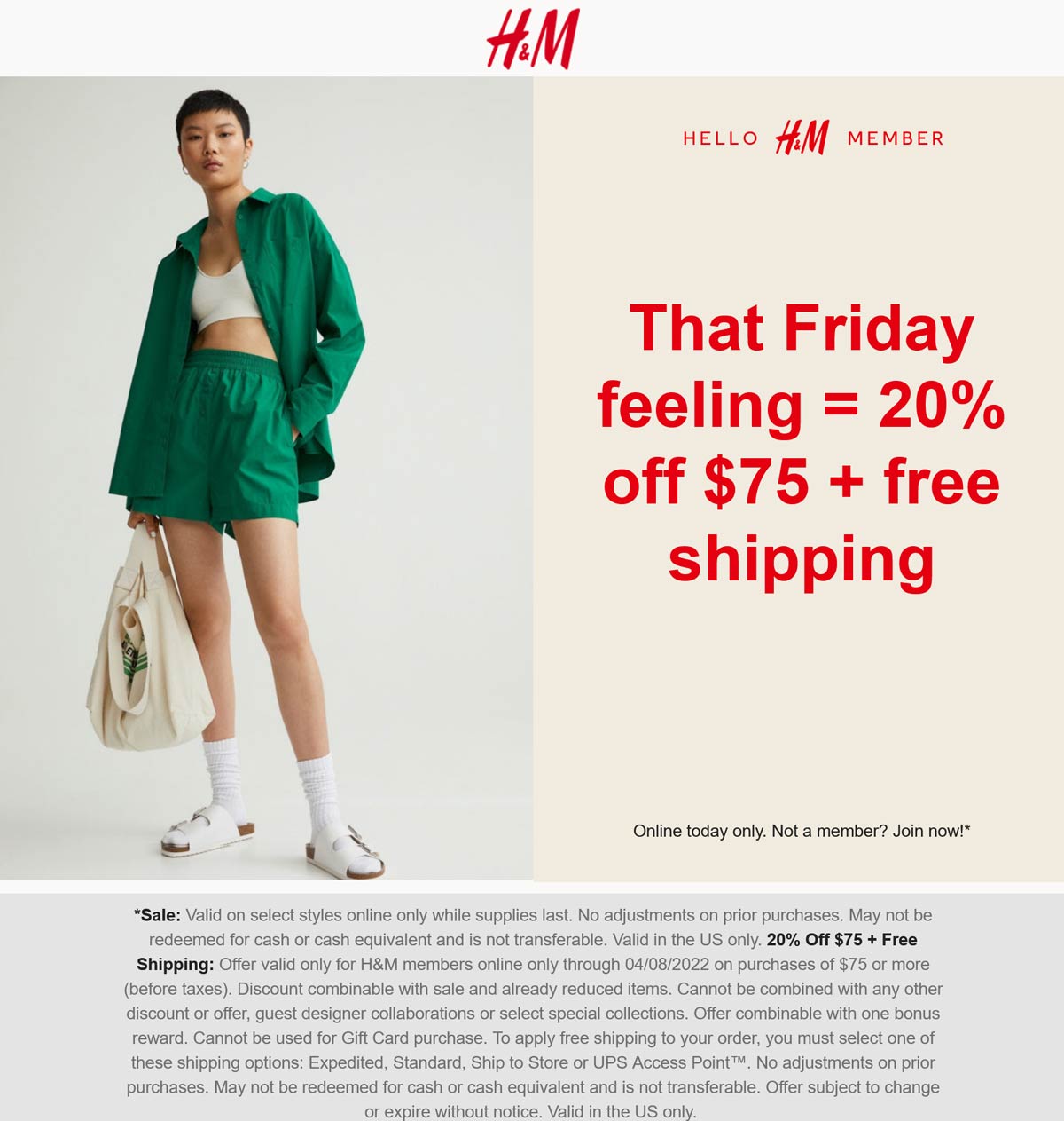 H&M stores Coupon  20% off $75 logged in today at H&M #hm 