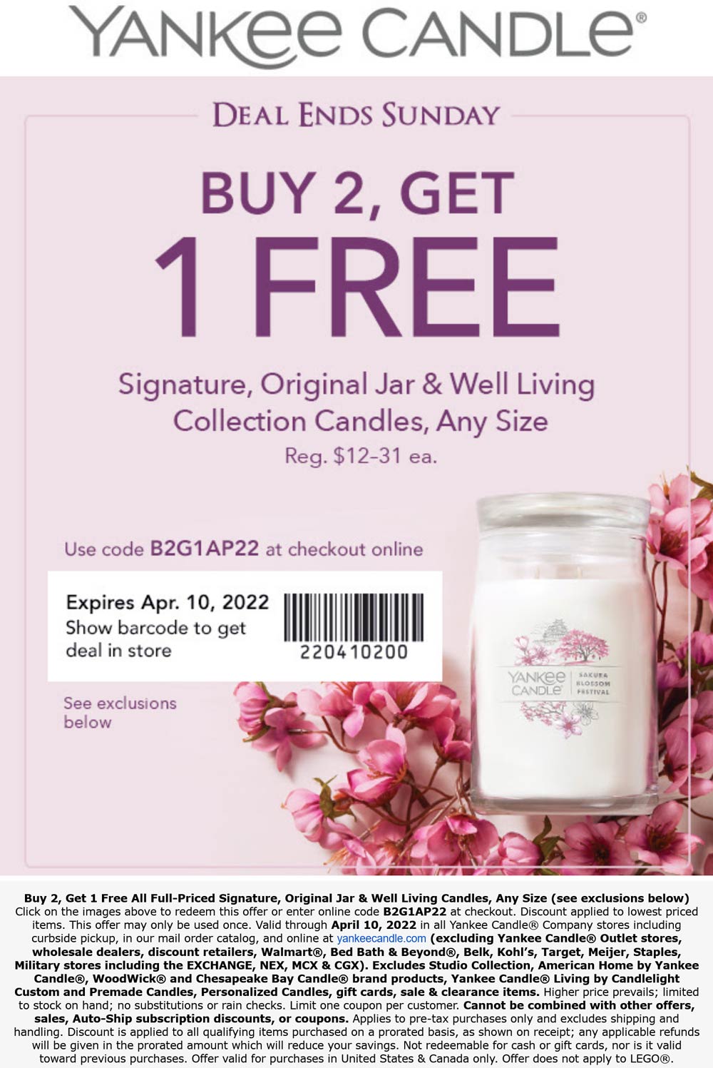 Yankee Candle stores Coupon  3rd candle free at Yankee Candle, or online via promo code B2G1AP22 #yankeecandle 