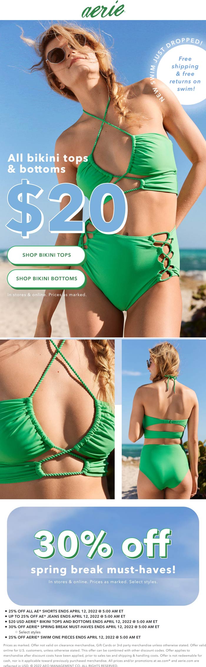 Aerie stores Coupon  30% off spring break + $20 bikini tops & bottoms at Aerie #aerie 