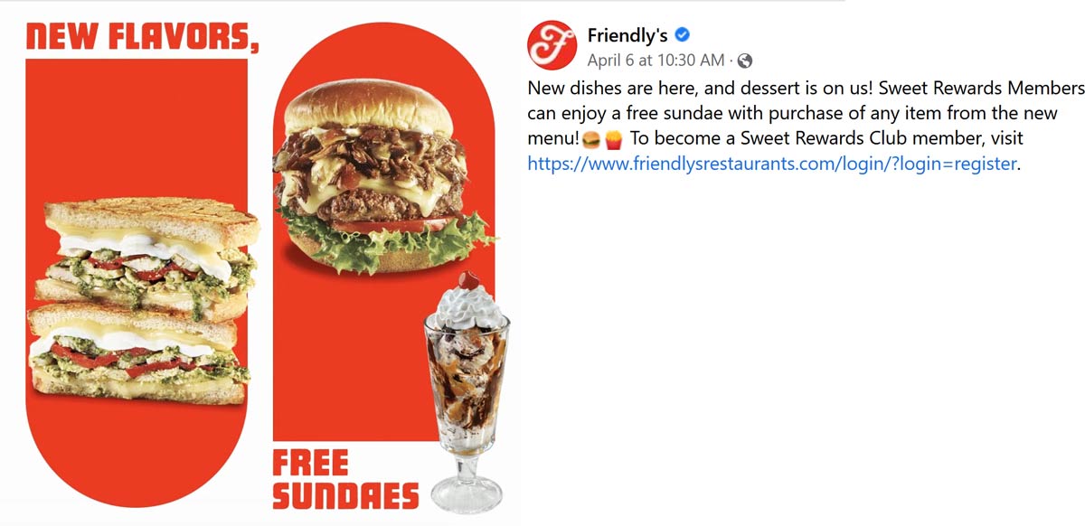 Friendlys restaurants Coupon  Free ice cream sundae with your new menu item via rewards at Friendlys restaurants #friendlys 