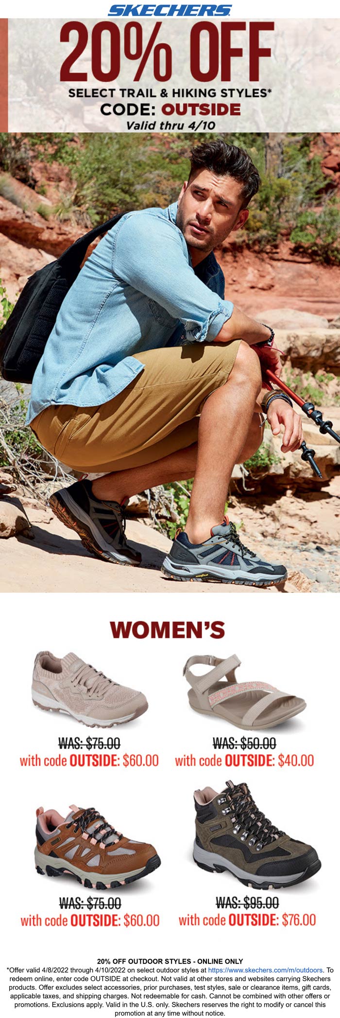 Skechers stores Coupon  20% off outdoor styles today online at Skechers shoes via promo code OUTSIDE #skechers 