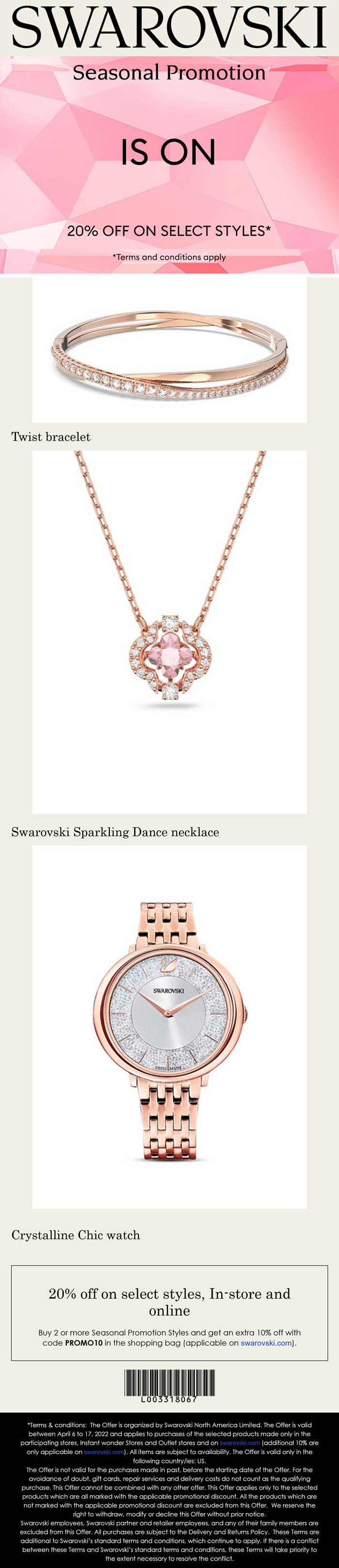Swarovski stores Coupon  20% off various styles at Swarovski crystal, or online via promo code PROMO10 #swarovski 