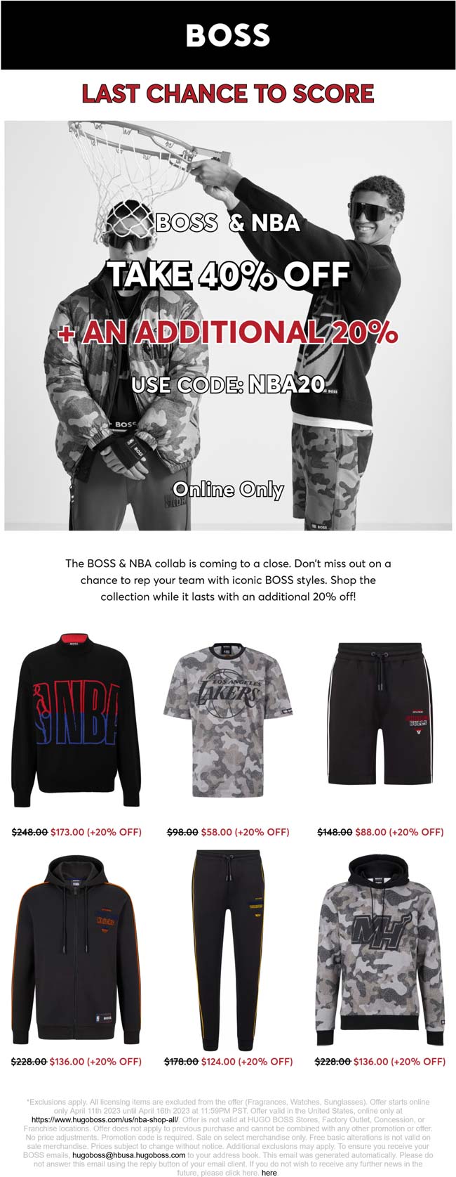 BOSS stores Coupon  60% off NBA at BOSS online via promo code NBA20 #boss 