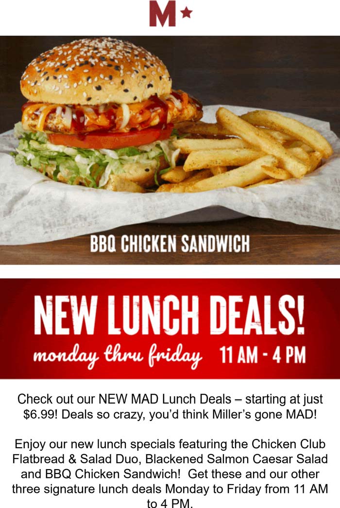 Millers Ale House restaurants Coupon  $7 lunch deals weekdays at Millers Ale House #millersalehouse 