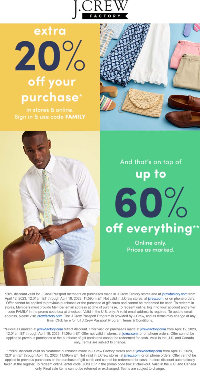 J.Crew Factory stores Coupon  Extra 20% off everything at J.Crew Factory, or online via promo code FAMILY #jcrewfactory 