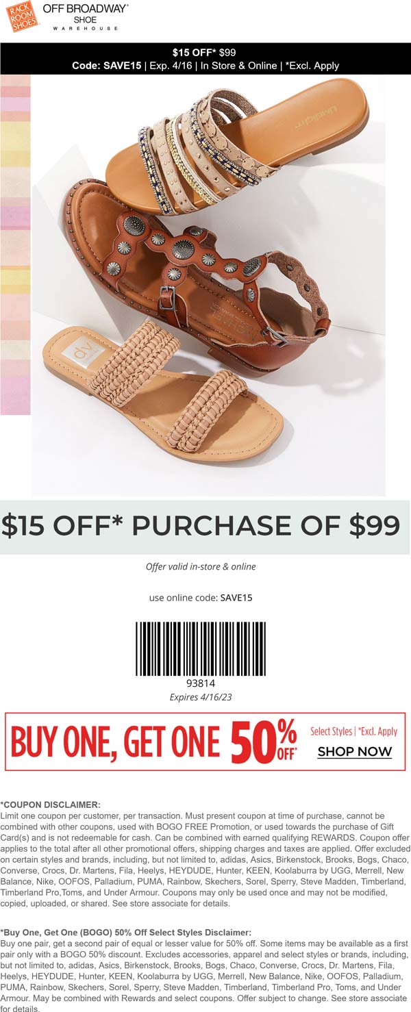 Rack Room Shoes stores Coupon  $15 off $99 at Rack Room Shoes, or online via promo code SAVE15 #rackroomshoes 