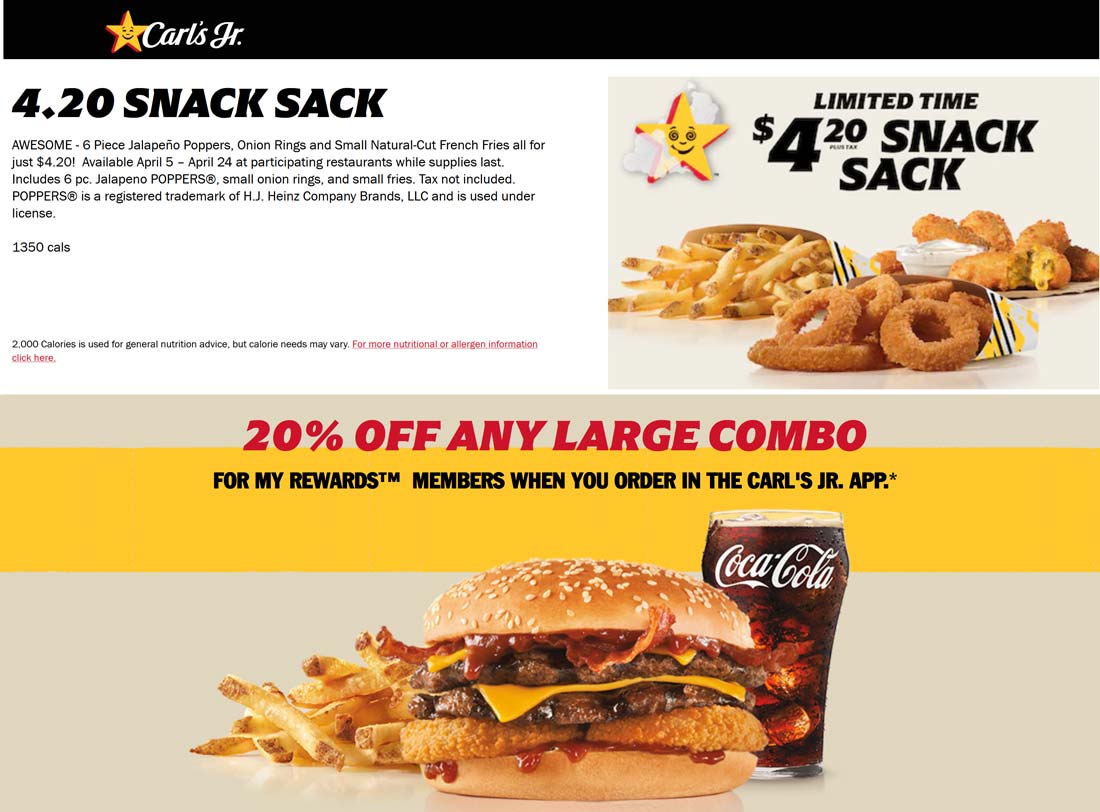 Carls Jr restaurants Coupon  $4.20 snack sack & 20% off large combo at Carls Jr restaurants #carlsjr 