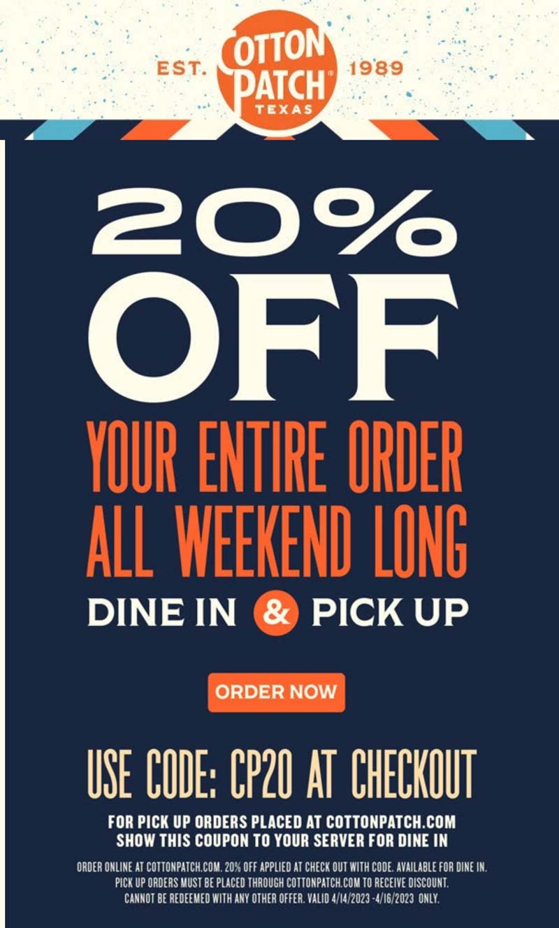 Cotton Patch Cafe restaurants Coupon  20% off at Cotton Patch Cafe, or online via promo code CP20 #cottonpatchcafe 